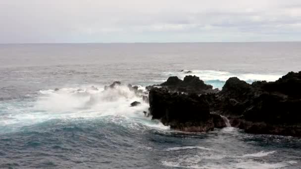 Las olas vuelan contra la costa rocosa en marea alta — Vídeos de Stock