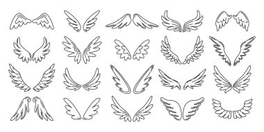 Farklı şekillerde meleklerin kanatları, el çizimi, karalamalar. Doğrusal Kanatlar, düzenlenebilir çizimler. Tüyler, Ruh, Cennet. Vektör çizimi izole edildi