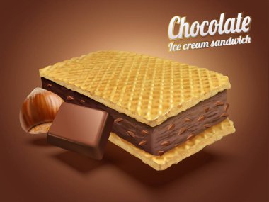 Fındıklı Çikolatalı Dondurmalı sandviç gofret çerezleri ve 3d çizim, kahverengi arka plan maddeler ile