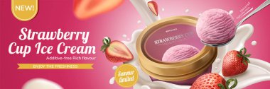 Fuit ile üstten pembe, 3d çizim yağıyor çilek Kupası dondurma reklamları ile süt