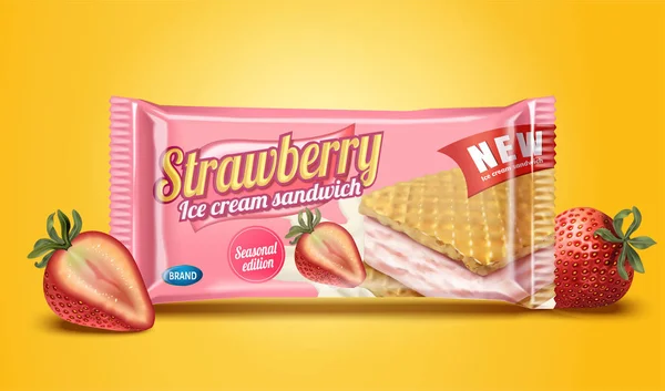 Strawberry Ice Cream Sandwich Pakketontwerp Illustratie Chrome Gele Achtergrond — Stockvector