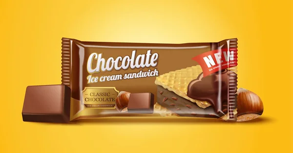 榛子巧克力冰淇淋三明治包装设计在3D 的铬黄色背景插图 — 图库矢量图片