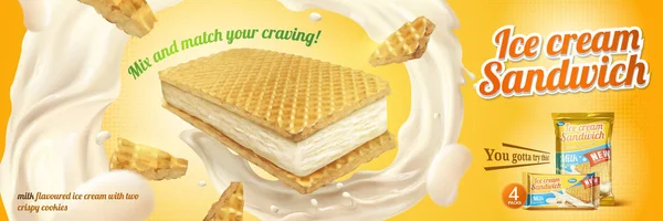 Melk Gearomatiseerd Ice Cream Sandwich Met Wafer Cookies Wervelende Vullingen — Stockvector