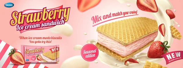 Strawberry Ice Cream Sandwich Met Wafer Cookies Spetterend Crème Illustratie — Stockvector