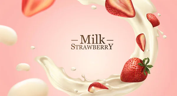Περιστροφικές Κινήσεις Γάλα Υγρό Φράουλες Απεικόνιση Ελαφρύ Ροζ Φόντο — Διανυσματικό Αρχείο