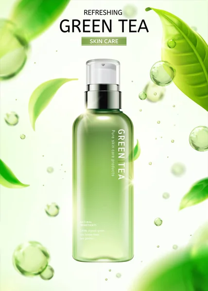 Green Tea Skin Care Spray Bottle Flying Leaves Water Drops — Stock Vector