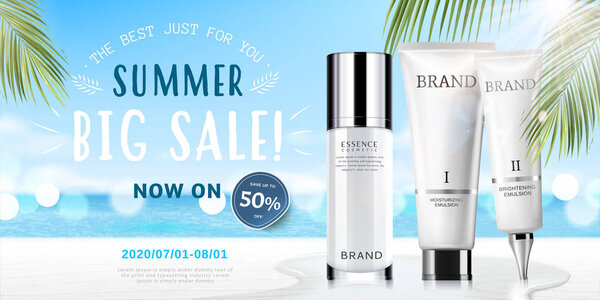 Summer cosmetic set ads with products on bokeh beach background in 3d illustration
