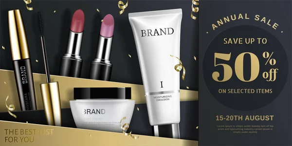 Anúncios Produtos Cosméticos Moda Tom Dourado Preto Streamers Caindo Céu —  Vetores de Stock