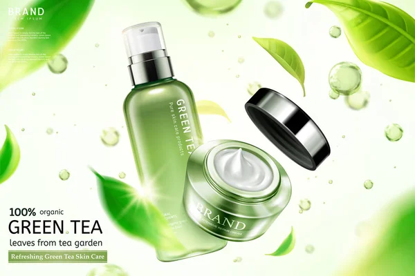 Green Tea Skin Care Cream Sprays Flying Tea Leaves Water — Stock Vector