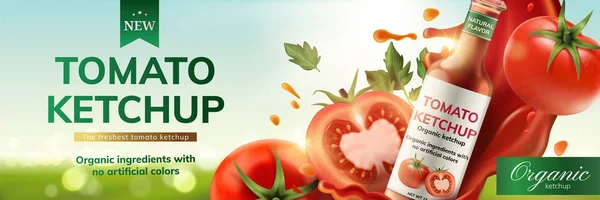 番茄番茄酱广告与溅酱和水果在散景背景下 — 图库矢量图片