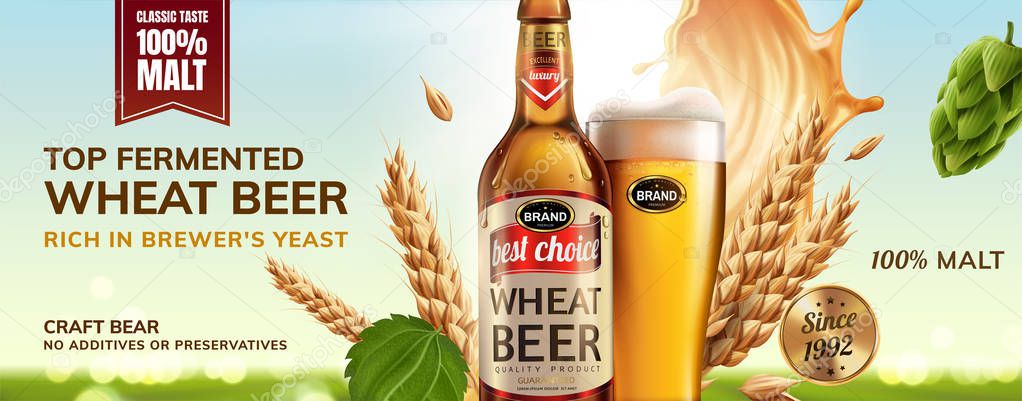 Refreshing wheat beer with glass bottle filled with beverage and ingredients flying in the air, 3d illustration