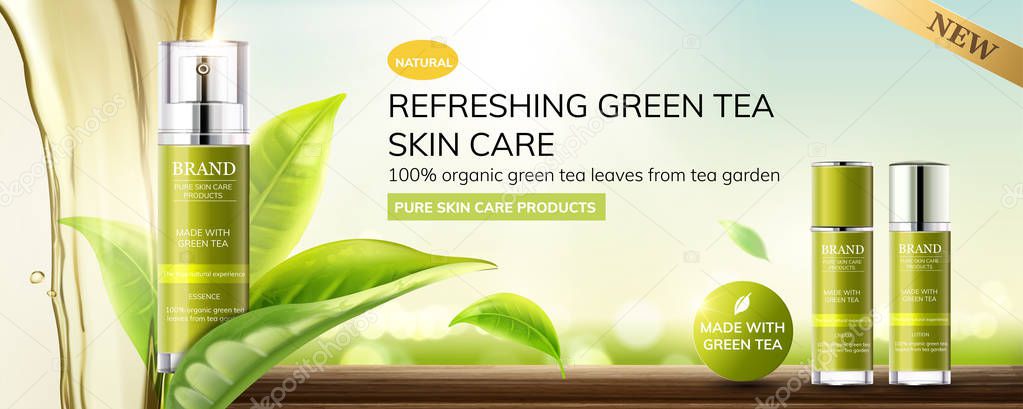 Refreshing green tea skin care products with leaves and liquid pouring down from top on bokeh outdoor background, 3d illustration