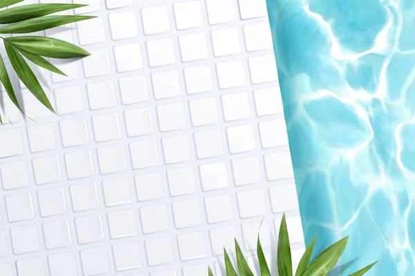 イラストレーションの葉の白いタイルと緑のヤシのスイミング プールのシーンのトップ ビュー — ストックベクタ