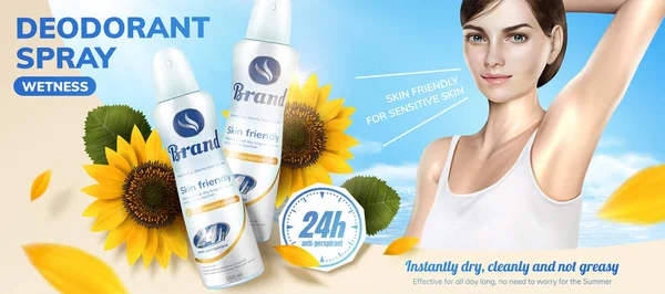 Deodorant Spray Advertenties Met Zonnebloem Geur Illustratie Een Mooie Model — Stockvector