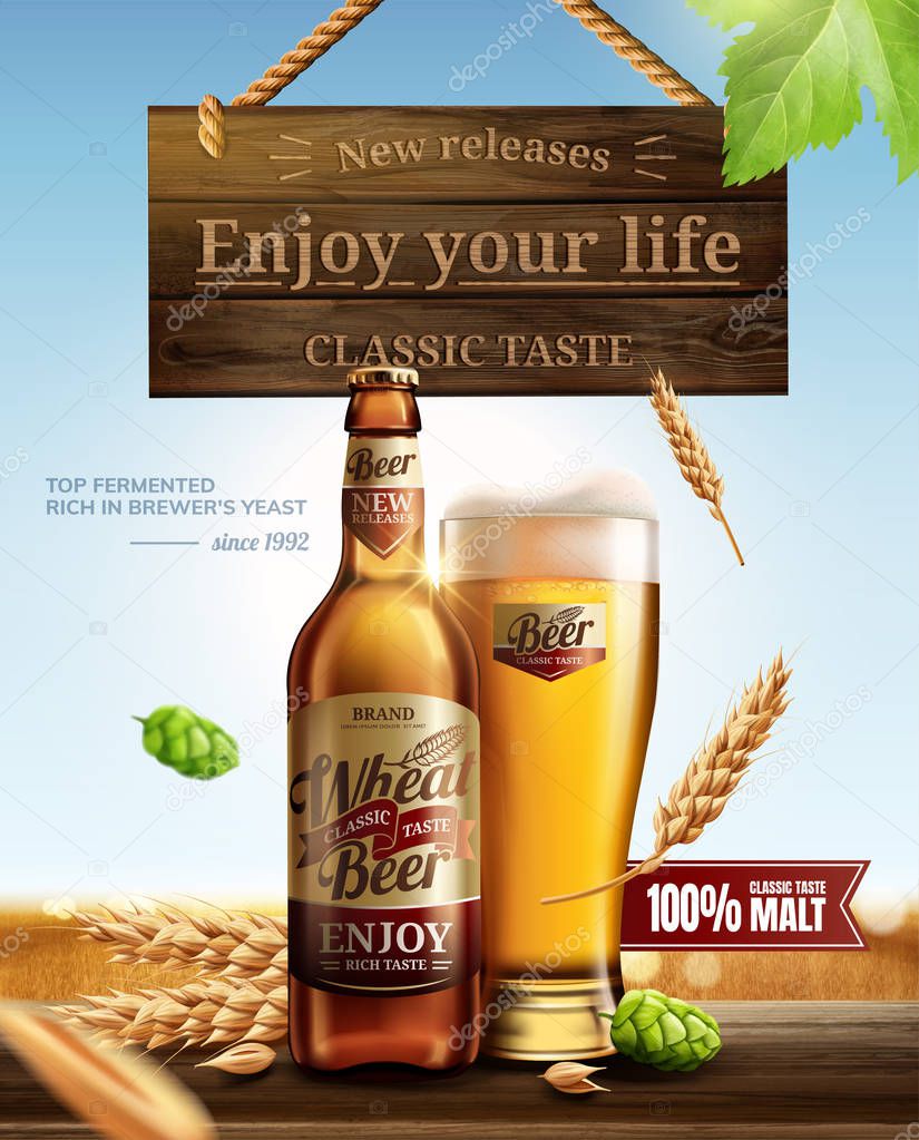 Attractive glass bottle wheat beer with hops on wooden table in 3d illustration, hanging wooden sign element