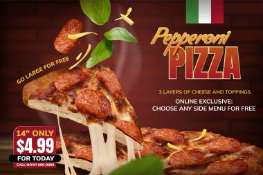 Biberli pizza kılçıklı peynir ve fesleğen öğelerinde kırmızı tuğla duvar arka plan, 3d çizim