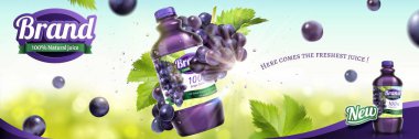 Üzüm suyu reklamları doğa bokeh arka planda 3d şekil üstünde yüzen taze meyve ile şişelenmiş
