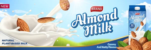 Γάλα Αμυγδάλου Διαφημίσεις Ρίχνει Κάτω Στο Υγρό Γυαλί Κύπελλο Και — Διανυσματικό Αρχείο