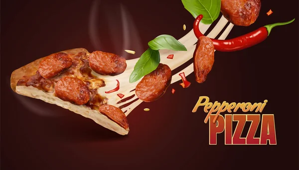 在3D 美味的食物设计元素的香肠比萨与粘性奶酪 — 图库矢量图片