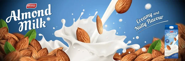 Mleko Migdałowe Reklamy Rozpryskiwania Cieczy Sterty Nasion Niebieskim Tle Ilustracji — Wektor stockowy