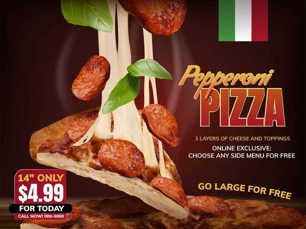 Biberli pizza kılçıklı peynir ve fesleğen öğelerinde kırmızı tuğla duvar arka plan, 3d çizim