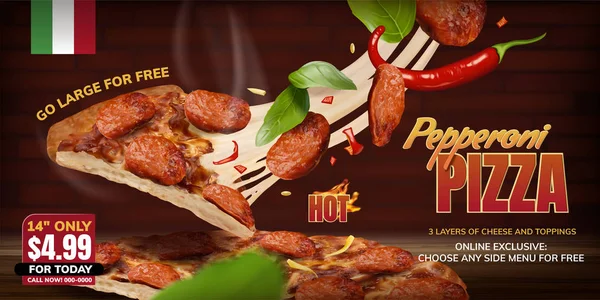 Pikantní Pepperoni Pizza Vláknité Sýrem Bazalkou Prvky Červených Cihel Stěnu — Stockový vektor