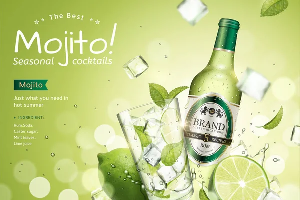 Mojito Reklam Sezonowych Koktajle Odświeżanie Kostki Owoców Lodu Latające Powietrzu — Wektor stockowy