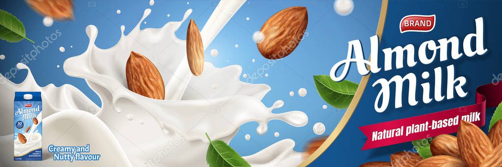 Almond milk ads with splashing liquid and seeds on blue background in 3d illustration