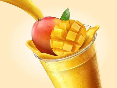 Mango suyu ya da iki yüzlü 3d resimde saydam paket servisi olan restoran fincan içine dökme