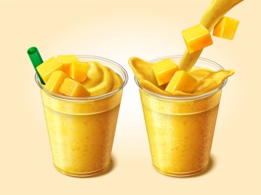 Mango suyu veya taze içecek ayarla 3d resimde saydam paket servisi olan restoran fincan içine dökme güler yüzlü