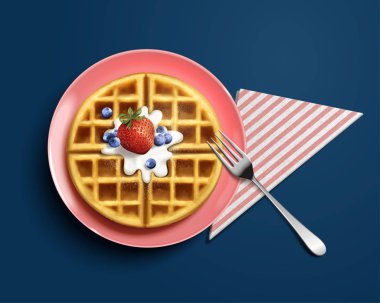 Lezzetli Belçika waffle tasarım öğesi lezzetli meyve ve 3d illüstrasyon mavi arka plan, üstten görünüm üzerinde krema ile