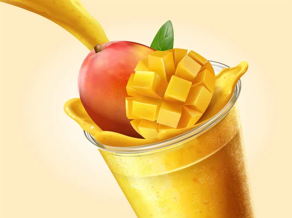 Mango Gyümölcsleveket Turmixokat Ömlött Átlátszó Elvihető Kupa Illusztráció — Stock Vector