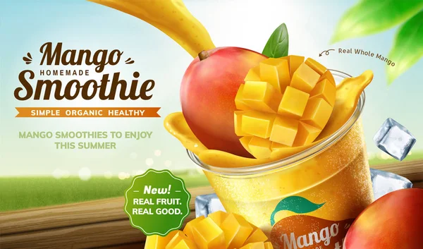 Batido Mango Casero Vertiendo Una Taza Para Llevar Con Fruta — Archivo Imágenes Vectoriales