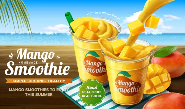 Mango smoothie 3d resimde plaj zemin üzerine taze meyve ile paket servisi olan restoran fincan içine dökme