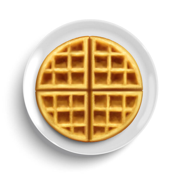 Belgian waffle design element on white plate in 3d illustration, top view