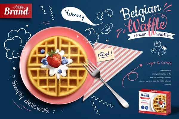 Belçika waffle reklamlarla lezzetli meyve ve krema 3d illüstrasyon mavi arka plan, üstten görünüm doodle