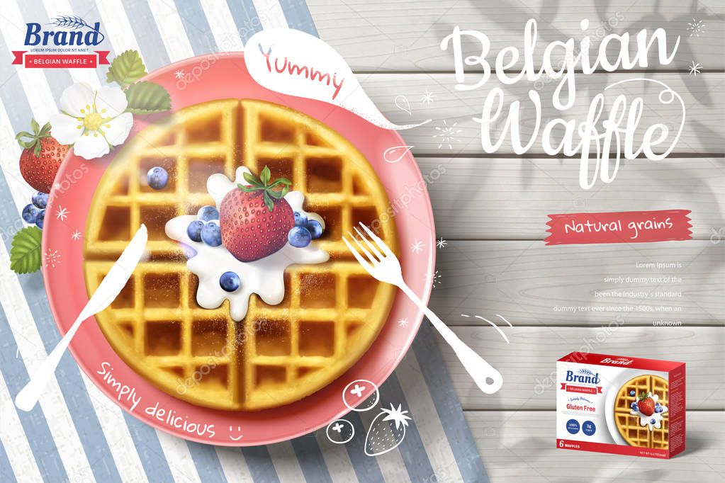 Belgian waffle ads with delicious fruit and cream in 3d illustration on outdoor white wooden table, top view