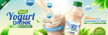 Probiotic or yogurt drink pouring into a glass cup in 3d illustration, nature bokeh background with green leaves clipart