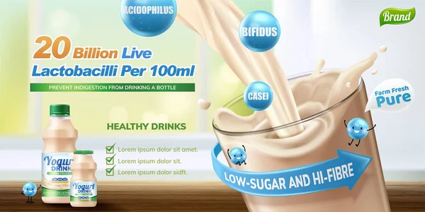 Probiotik Atau Yogurt Minum Menuangkan Gelas Dalam Ilustrasi Latar Belakang - Stok Vektor