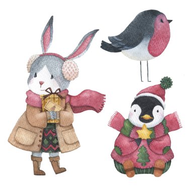 Tavşan, penguen ve kuş Noel kullanımlar için elle çizilmiş suluboya hayvanlar ayarla