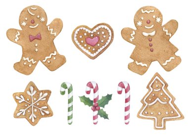El ile farklı şekil ve süslemeleri Noel kullanımlar için ayarla suluboya gingerbread çekilmiş