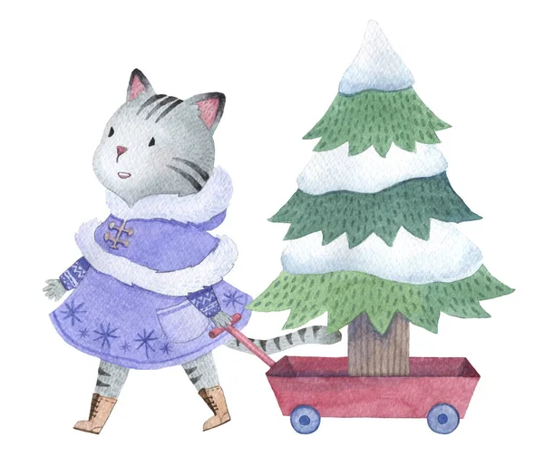 Hand drawn watercolor cat pulling a trailer with christmas tree, design for holiday uses