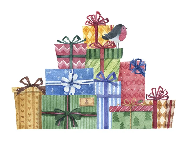 Hand Drawn Watercolor Gift Boxes Design Pile Wrapped Presents Chirstmas — Stock Photo, Image