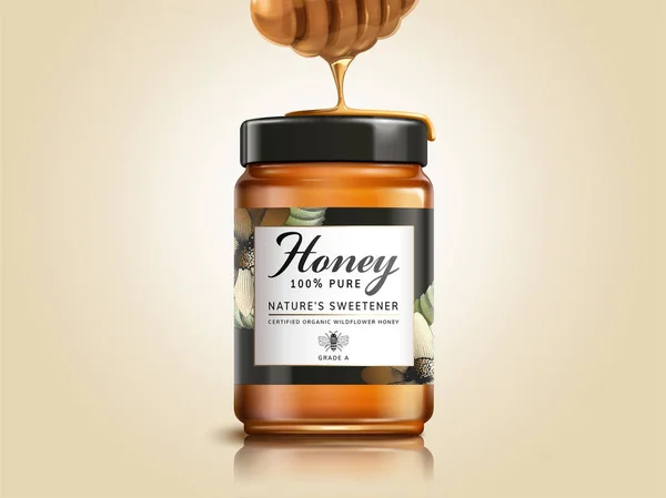 Wildblumenhonig Produktverpackungsdesign Illustration Mit Honiglöffel Und Tropfender Flüssigkeit — Stockvektor