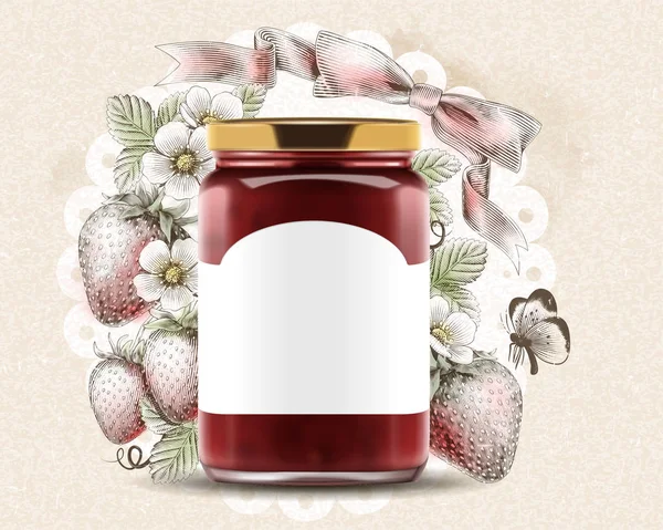 Elegante Erdbeermarmelade Werbung Mit Illustration Leeres Etikettenglas Auf Graviertem Fruchtigem — Stockvektor