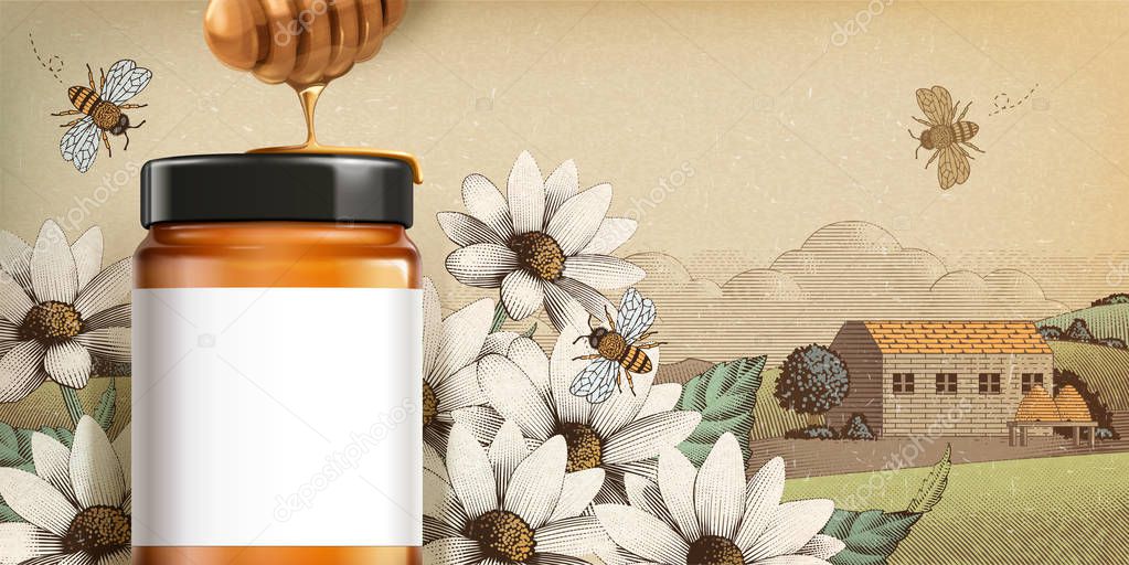 Wildflower honey product in 3d illustration with blank white label for design uses on engraved country side scenery