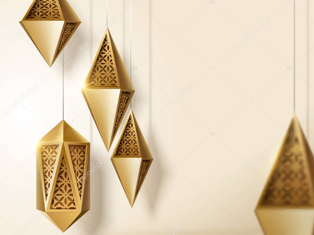 Islamic festival design with golden carved lanterns with copy space in 3d illustration