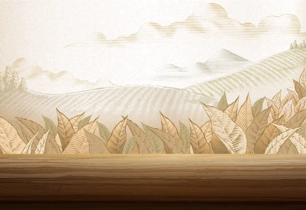 Фон Чайной Плантации Стиле Гравировки Иллюстрацией Деревянный Стол — стоковый вектор