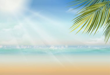 Palmiye yaprakları ve 3d çizim geniş okyanusta ile çekici yaz tatil