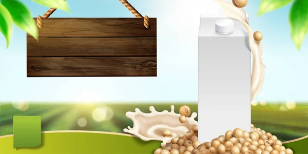 Шаблон Соєвого Молока Порожньою Картонною Коробкою Інгредієнтами Фоні Природи Боке — стоковий вектор